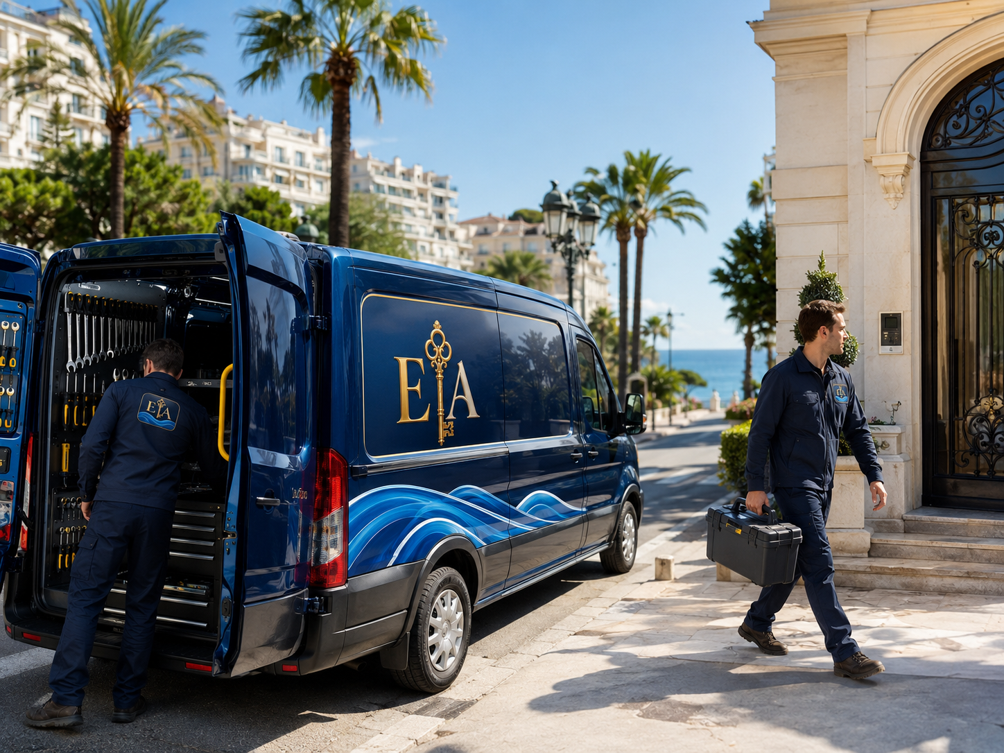 Camion d'intervention Établissement Azur devant une résidence de la Côte d'Azur